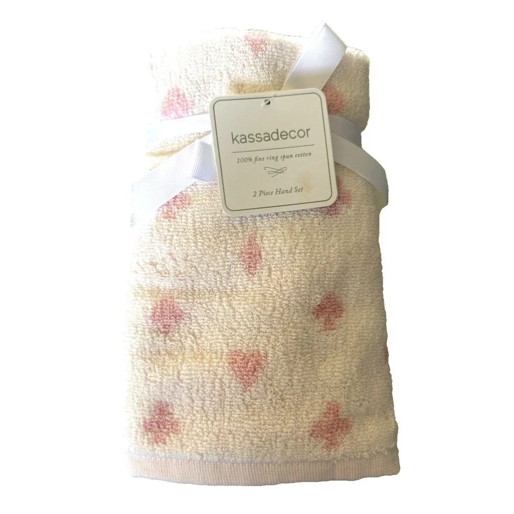 Kassadecor Hand Towels Set Of 2 White w/Pink Spades Diamonds Hearts Clubs Cotton